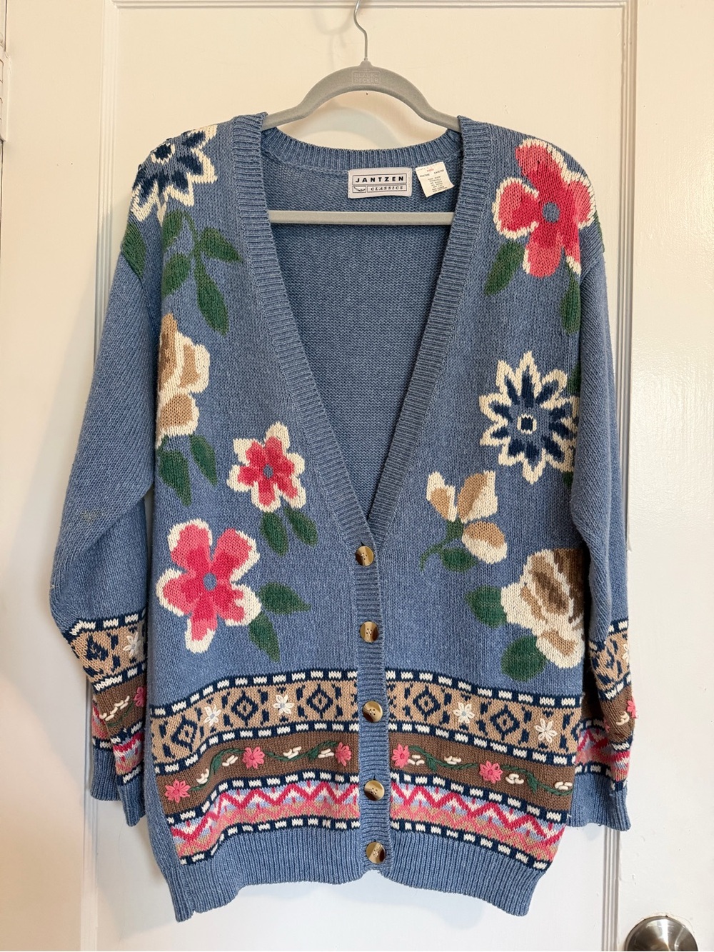 Vintage JANTZEN CLASSICS, RAMIE COTTON KNIT BLUE CARDIGAN HAND STITCHED FLOWERS - Picture 3 of 8